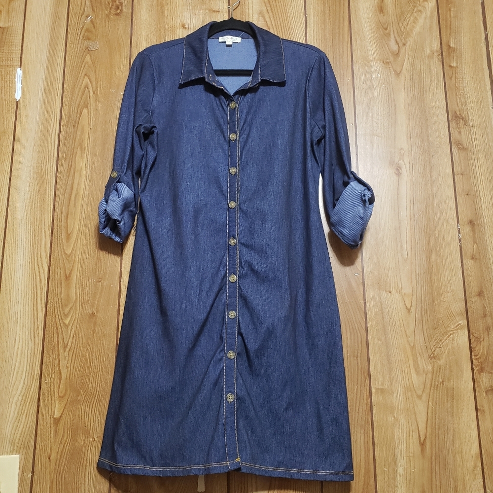Blue "denim" Button Down Front Casual Knit Shirt Dress Size Lg Ultra Flirt